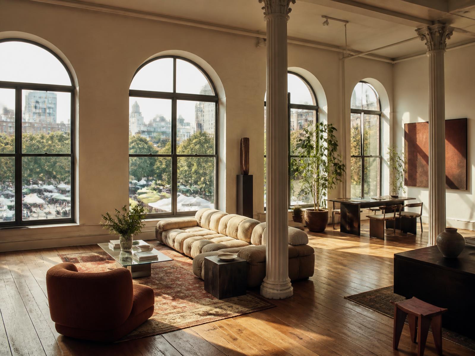 Union Square loft interior — cast-iron columns, tall arched windows